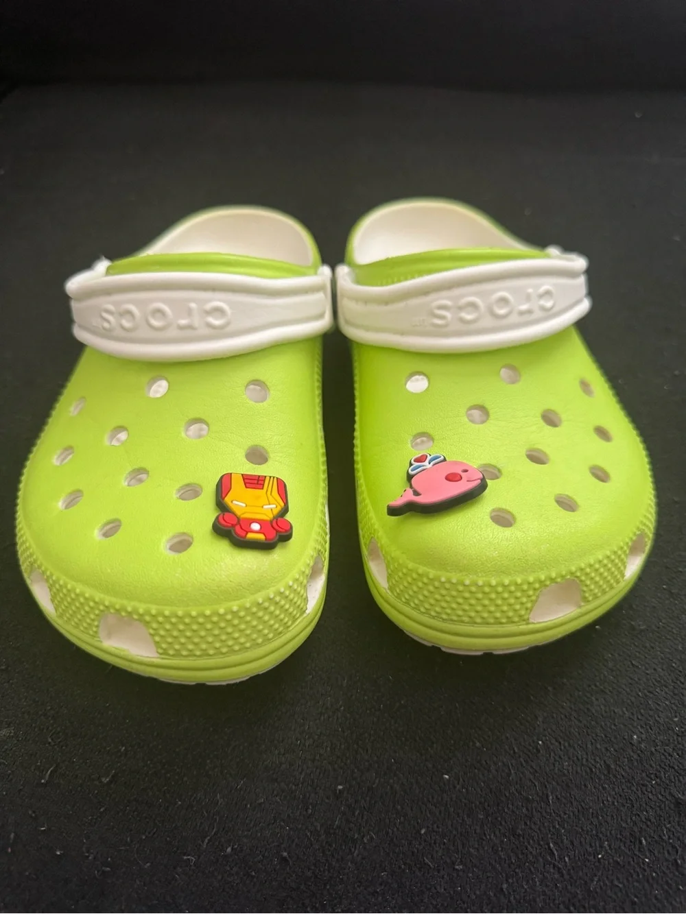 CROCS Kids Lime Green Clogs with White Heel Strap and Character Charms